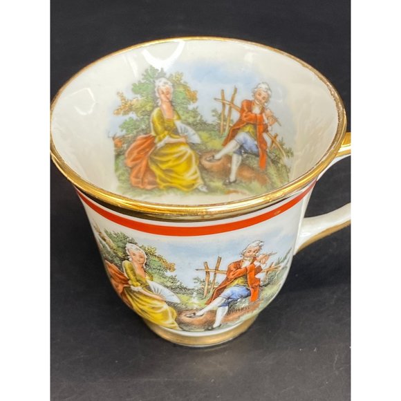 Vintage Courting Couple Demitasse Espresso Teacup Saucer 22KT Gold Flute Player - Picture 8 of 9